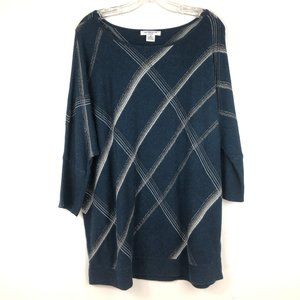 Women's Liz Claiborne Sweater 2X Blue Silver Threads 3/4 Raglan Sleeve